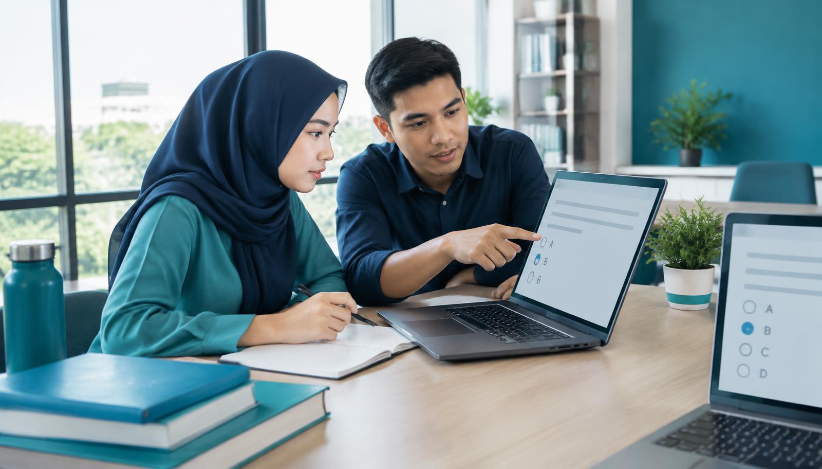 Dua calon peserta seleksi ASN berlatih soal berbasis komputer bersama tutor