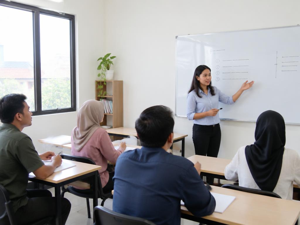 Tutor menjelaskan pembahasan soal kepada kelompok kecil peserta di kelas